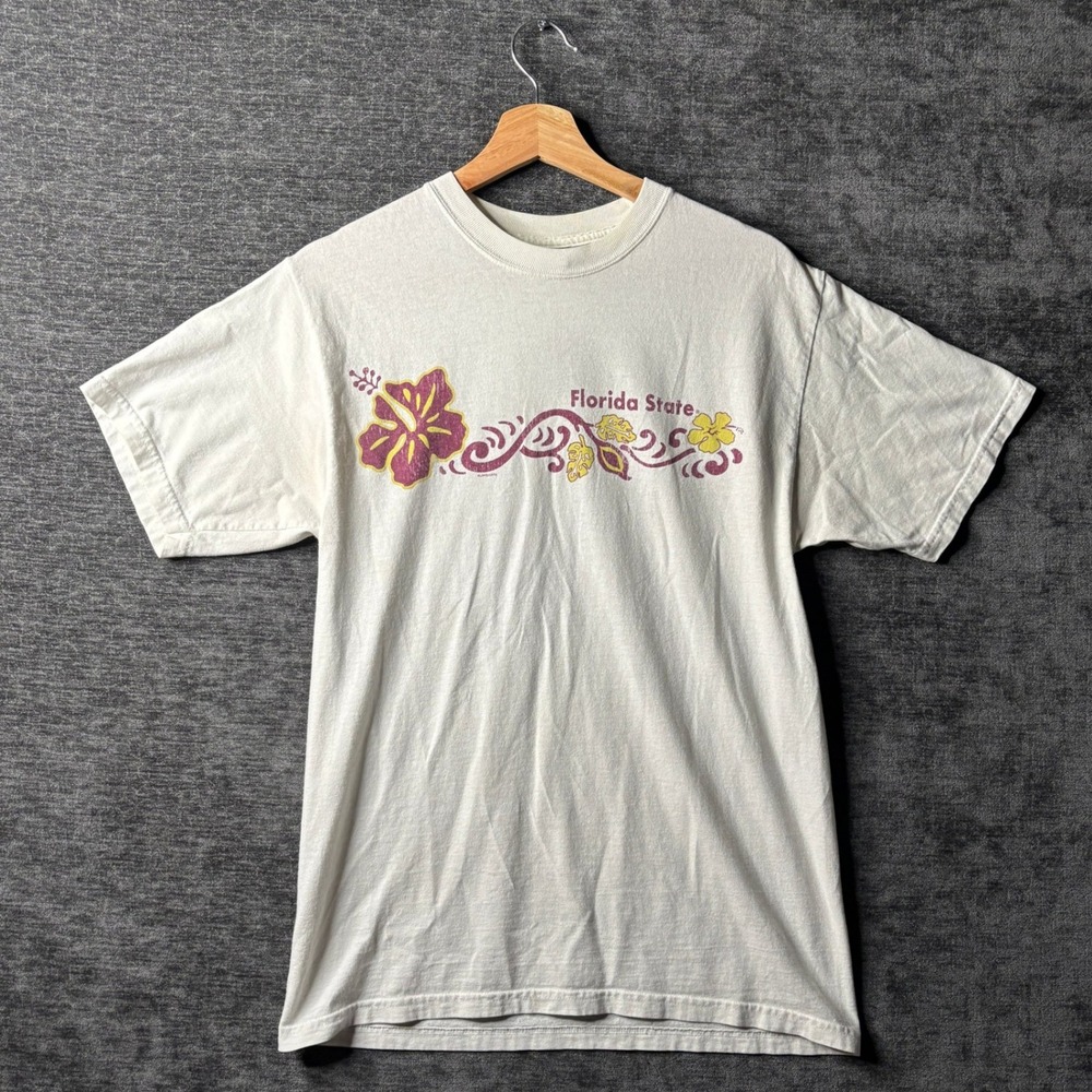Vintage 90s Florida State Seminoles T-Shirt Cream Floral Graphic Mens Small